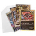 Load image into Gallery viewer, A set of clear plastic Pokémon card sleeves shown with several sample Pokémon cards inside, including Zoroark, Pikachu EX, and Blue Eyes White Dragon, arranged on a white background.