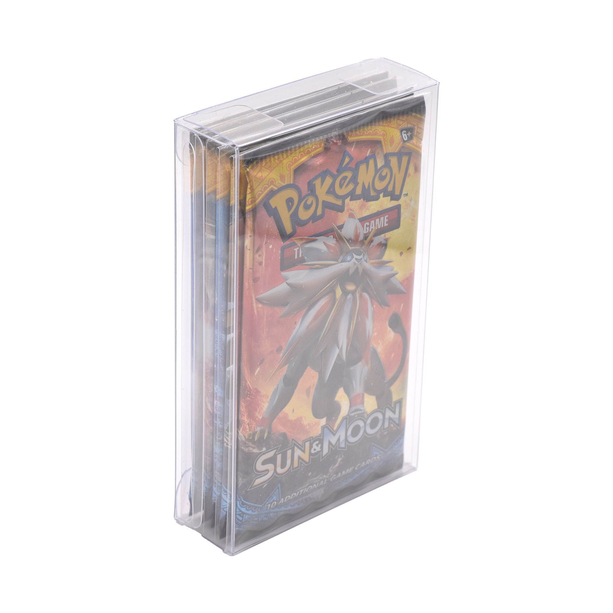 Pokémon trading card game packs with clear protective sleeves in a protective PET case