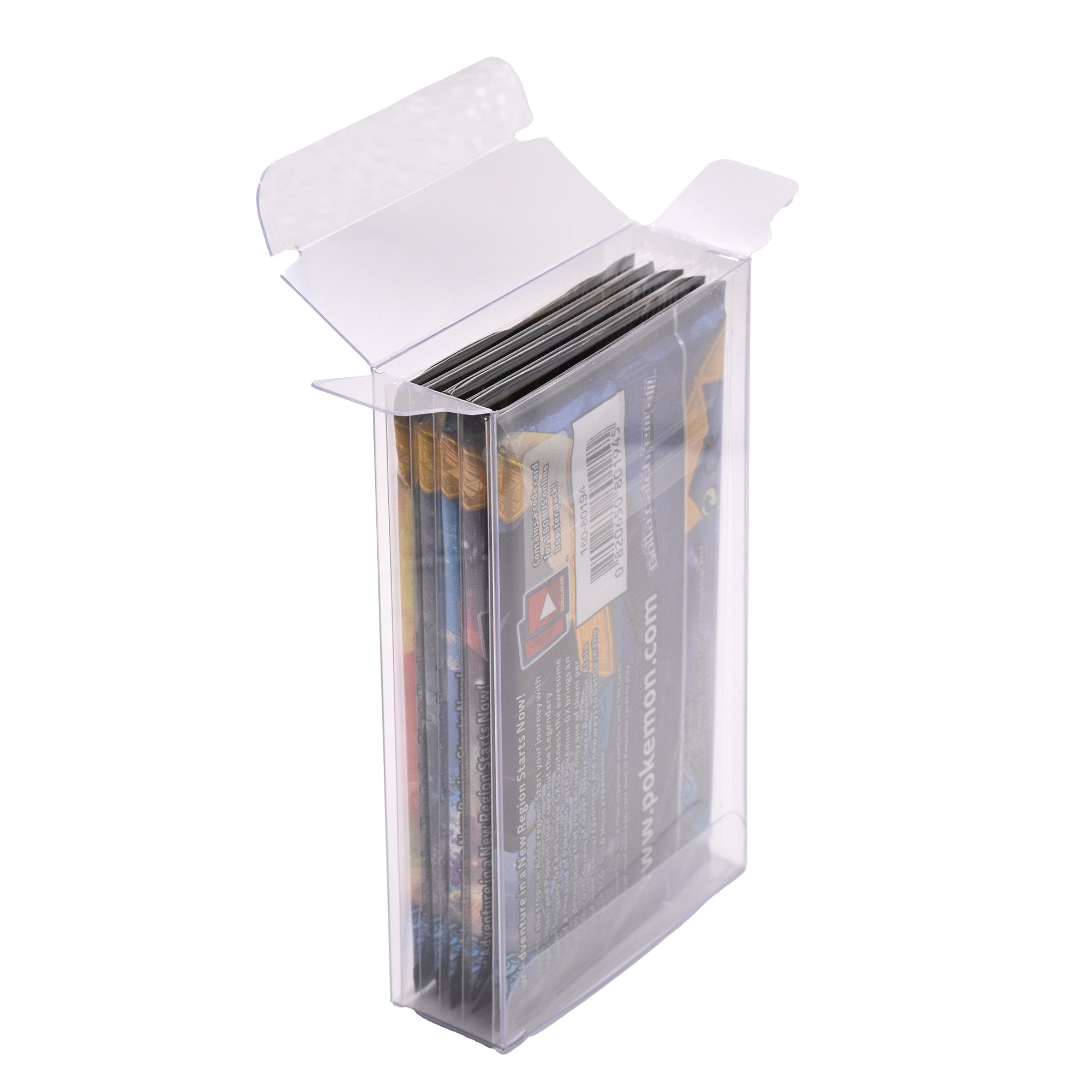 Open top view of Pokémon trading card game packs with clear protective sleeves in a protective PET case
