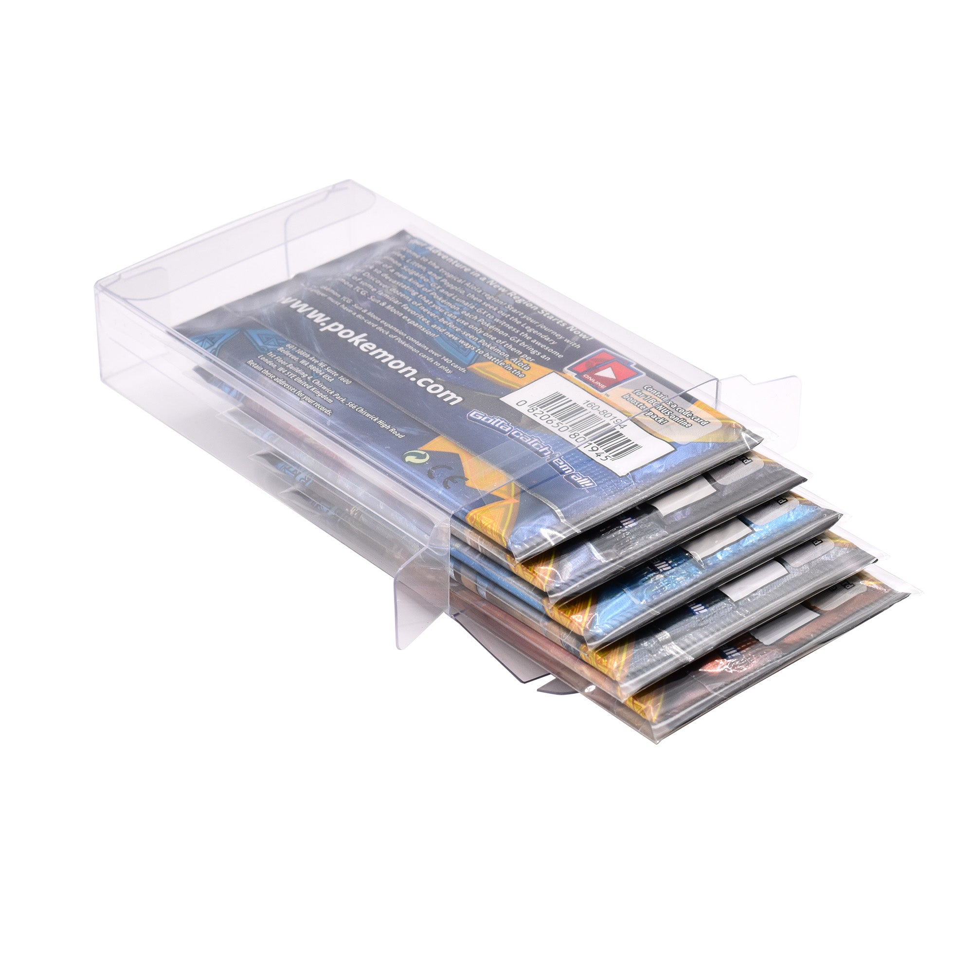 Different angle of Pokémon trading card game packs with clear protective sleeves in a protective PET case