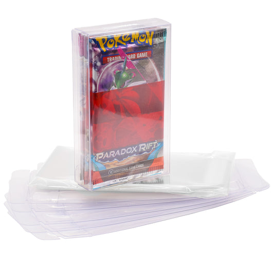 Pokémon trading card game packs with clear protective sleeves in a protective PET case