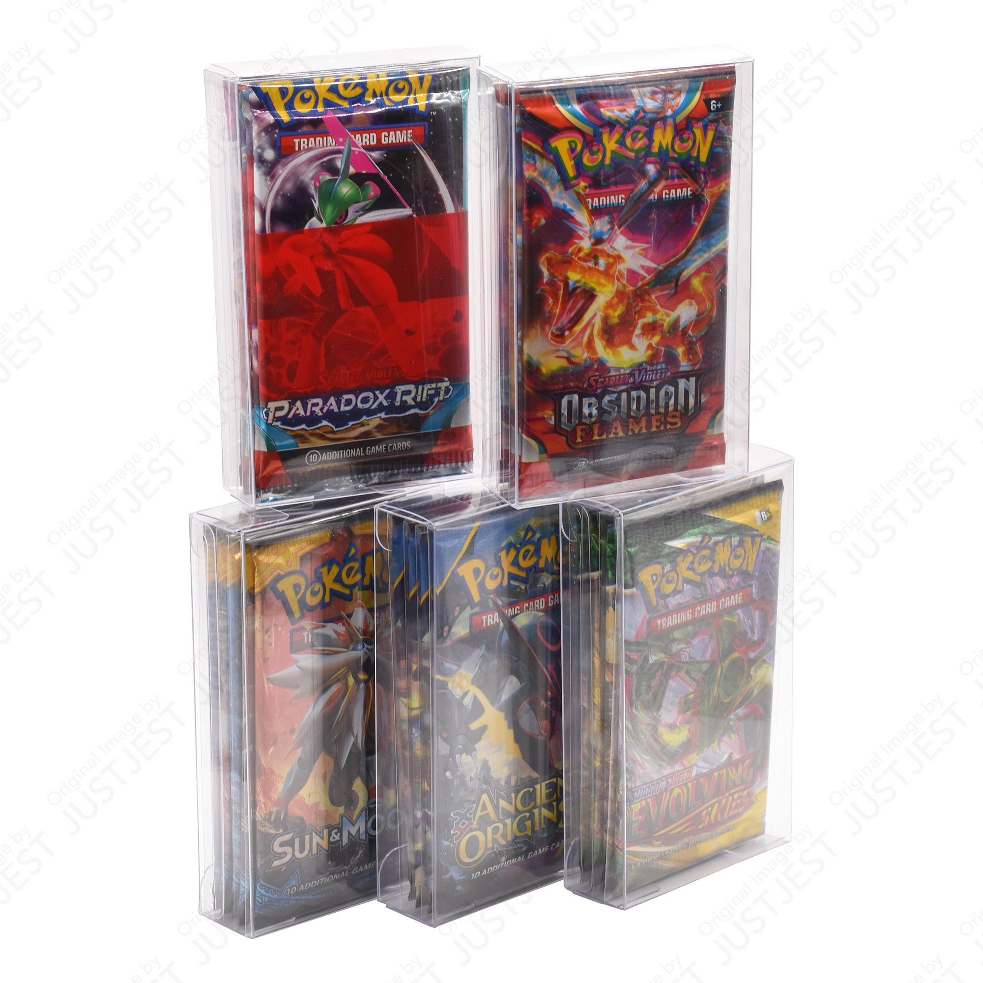 Pokémon trading card game packs with clear protective sleeves in a protective PET case