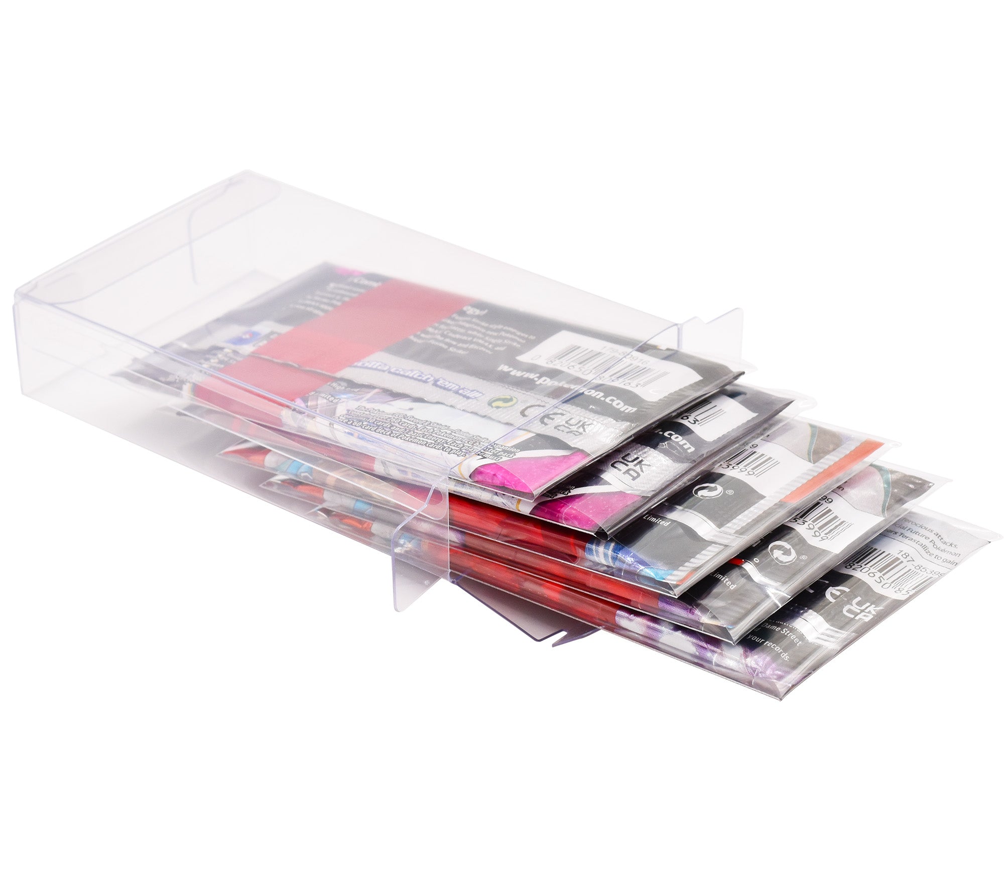 Different angle of Pokémon trading card game packs with clear protective sleeves in a protective PET case
