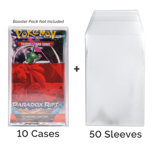 trading card game packs with clear protective sleeves in a protective PET cases