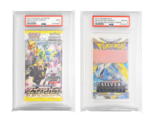 Graded Japanese and English Pokémon Booster Pack in a protective sleeve