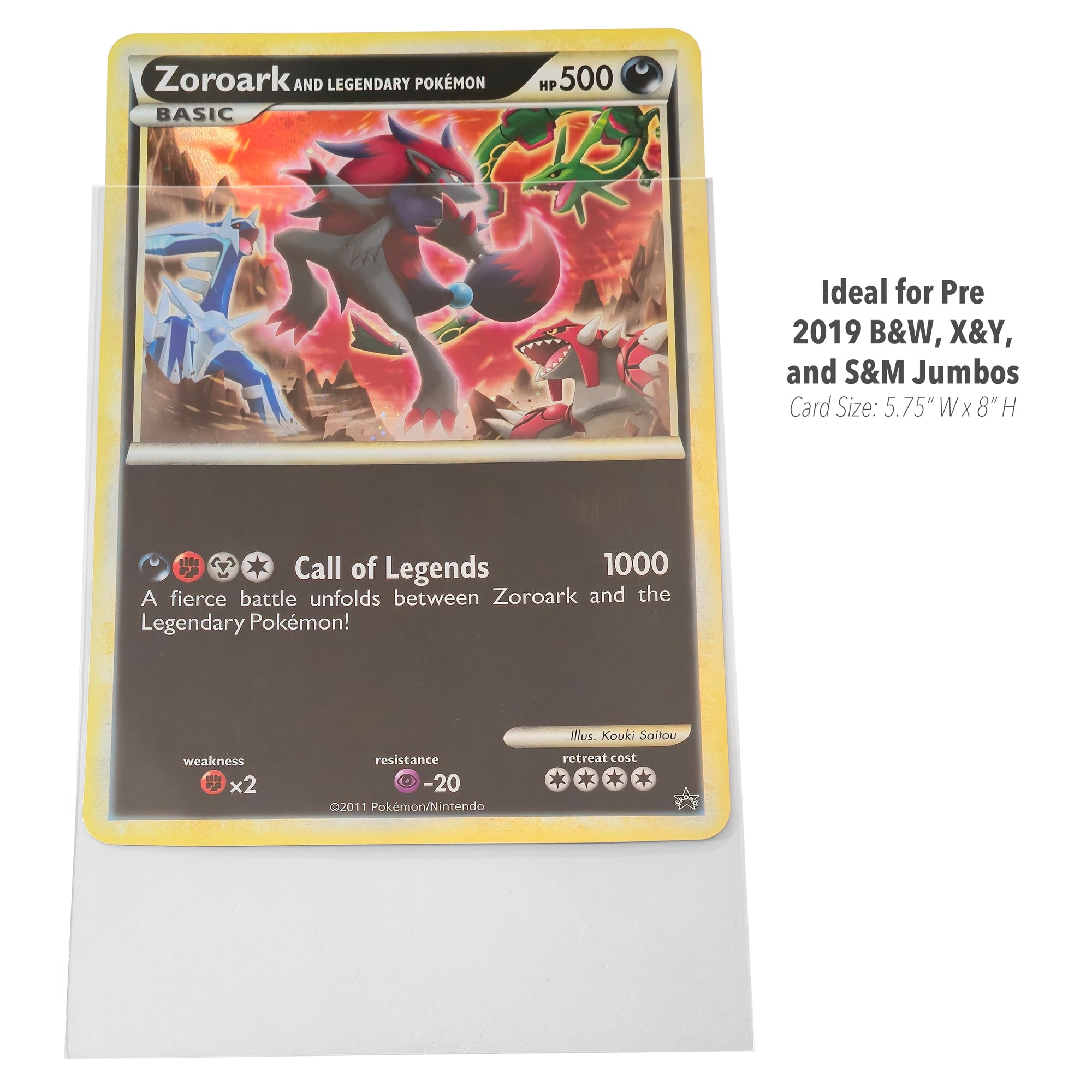 A Zoroark Basic Pokémon trading card displayed upright in a clear plastic card holder against a white background, with descriptive text on the right noting compatibility with Pre-2019 B&W, X&Y, and S&M Jumbo packs.