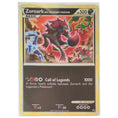Load image into Gallery viewer, A Pokémon trading card for Zoroark, shown upright against a plain white background. The card has a yellow border, a dark brown text box, and artwork featuring Zoroark in a red and black form with other Legendary Pokémon in the illustration.
