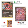 Load image into Gallery viewer, Comparison graphic showing three Pokémon trading cards: a large XL Jumbo Pokémon Card on the right, a standard Pokémon card on the left, and a small Pokémon card in the lower center. 
