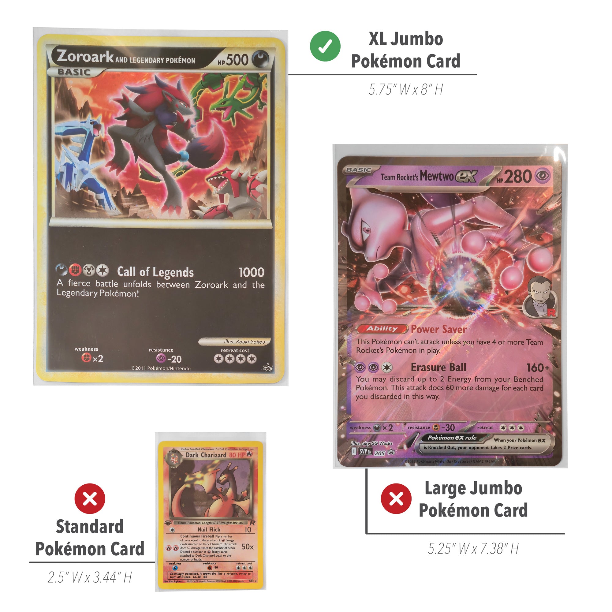 Comparison graphic showing three Pokémon trading cards: a large XL Jumbo Pokémon Card on the right, a standard Pokémon card on the left, and a small Pokémon card in the lower center. 