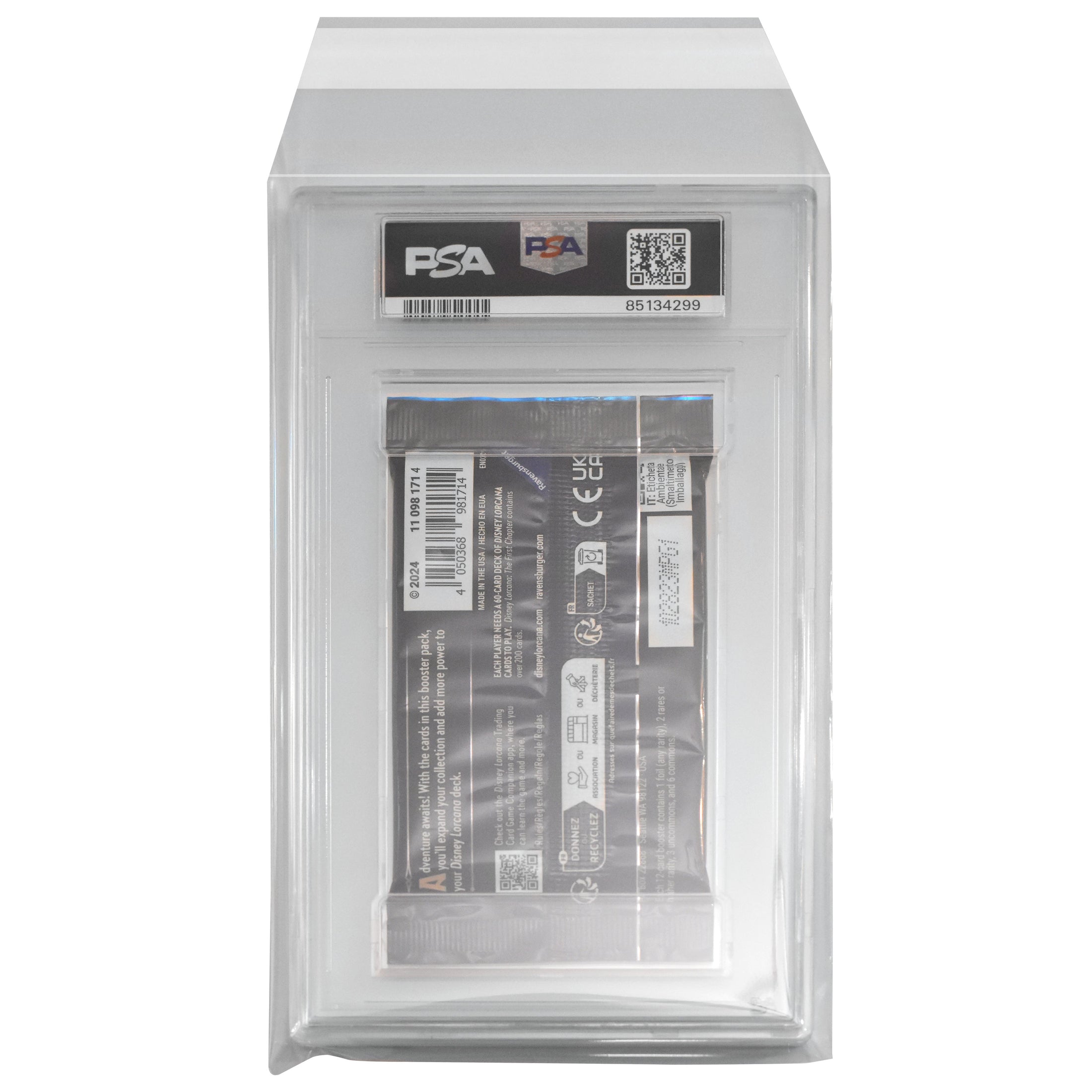 Graded Lorcana Booster Pack in a protective sleeve with a white background