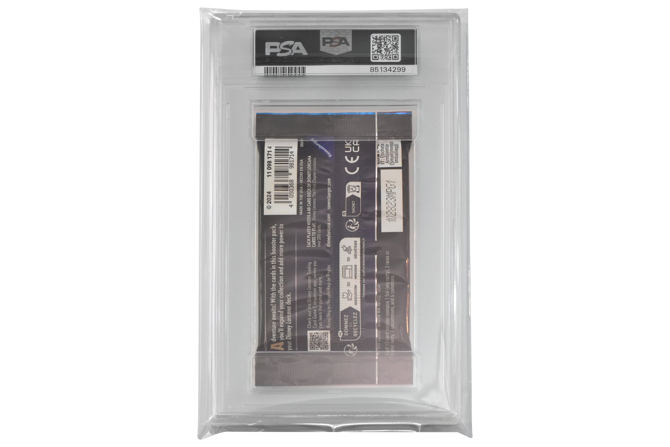 Graded Lorcana Booster Pack in a protective sleeve with a white background