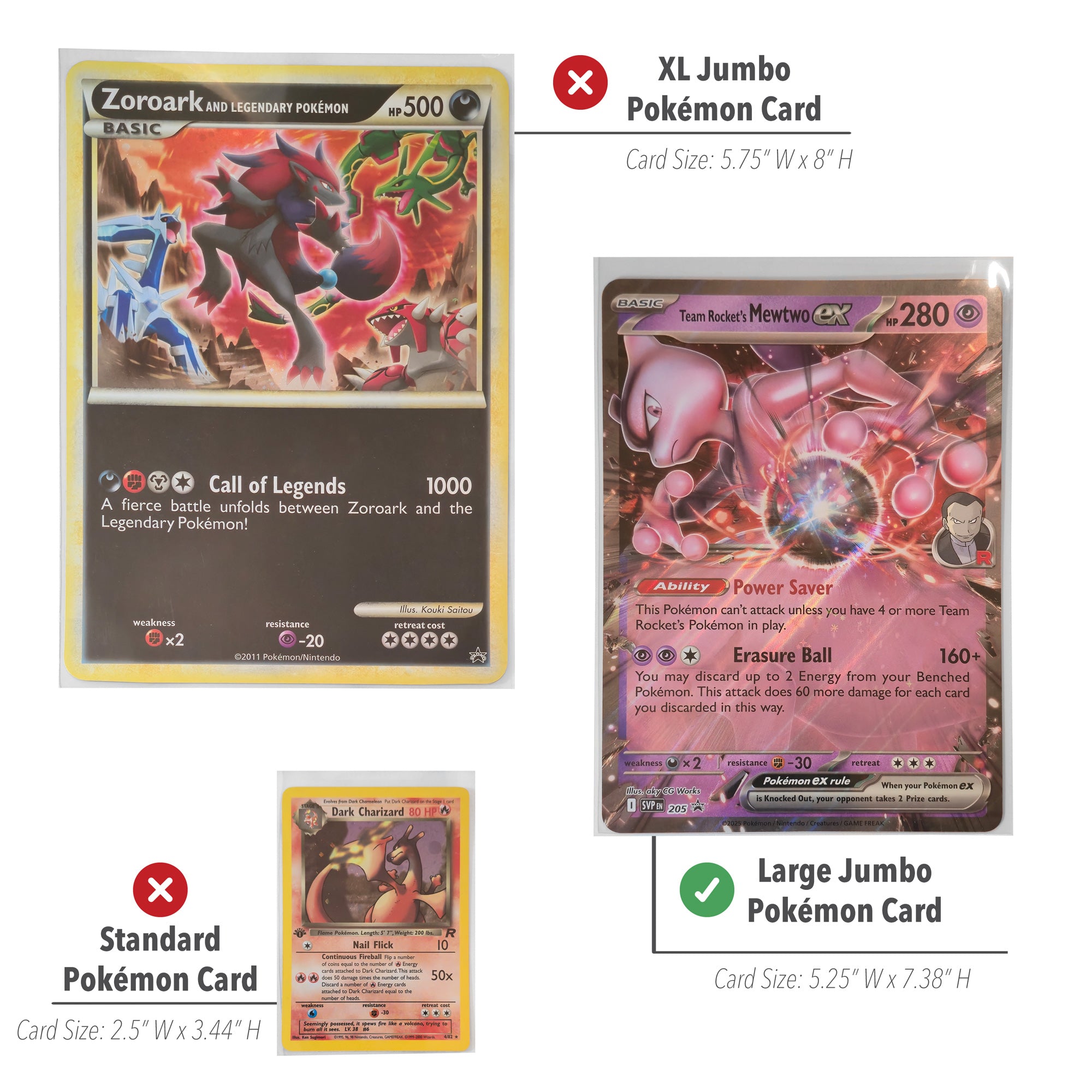 A comparison graphic showing Pokémon card sizes and types.