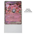 Load image into Gallery viewer, A Pokémon trading card, Team Rocket Mewtwo EX, shown upright on a white background with a semi-transparent protective sleeve. The card features pink and purple artwork of Mewtwo with the text 'Ideal for 2019 SW&SH to Current Jumbos' and size details printed to the right.
