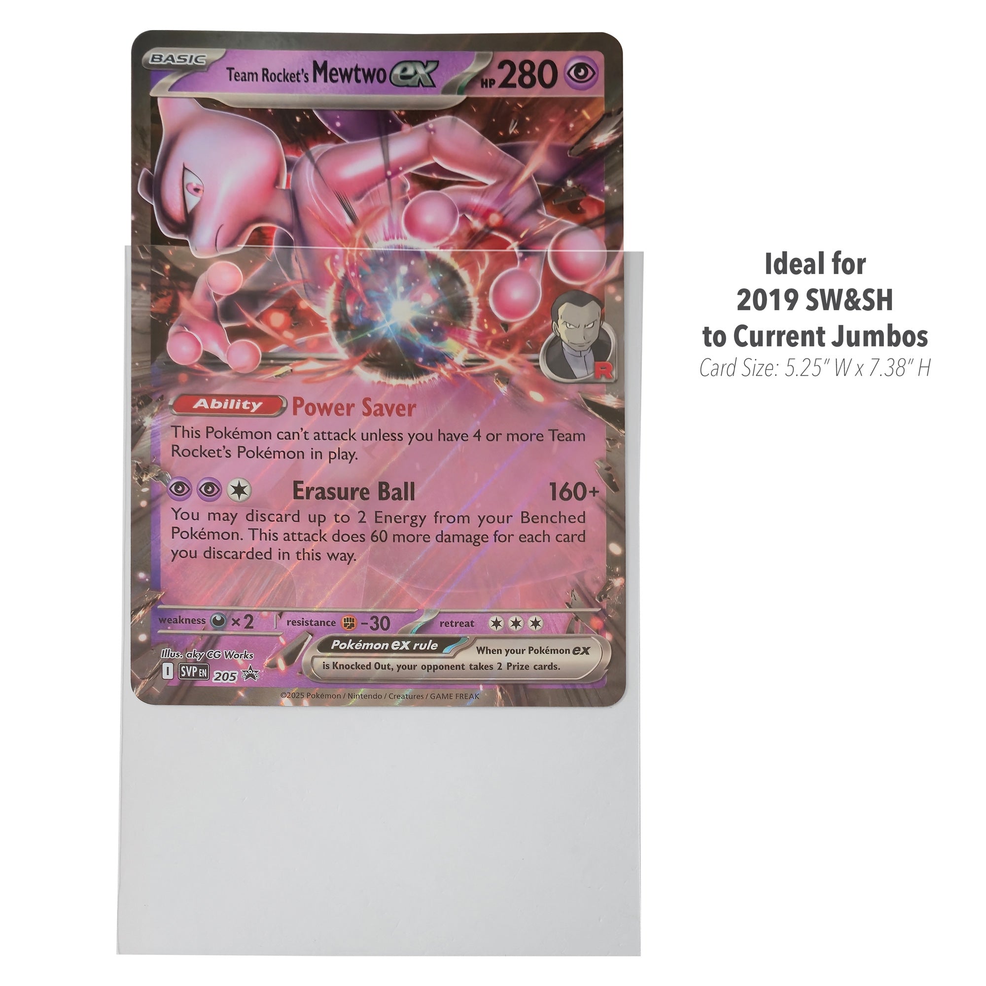 A Pokémon trading card, Team Rocket Mewtwo EX, shown upright on a white background with a semi-transparent protective sleeve. The card features pink and purple artwork of Mewtwo with the text 'Ideal for 2019 SW&SH to Current Jumbos' and size details printed to the right.