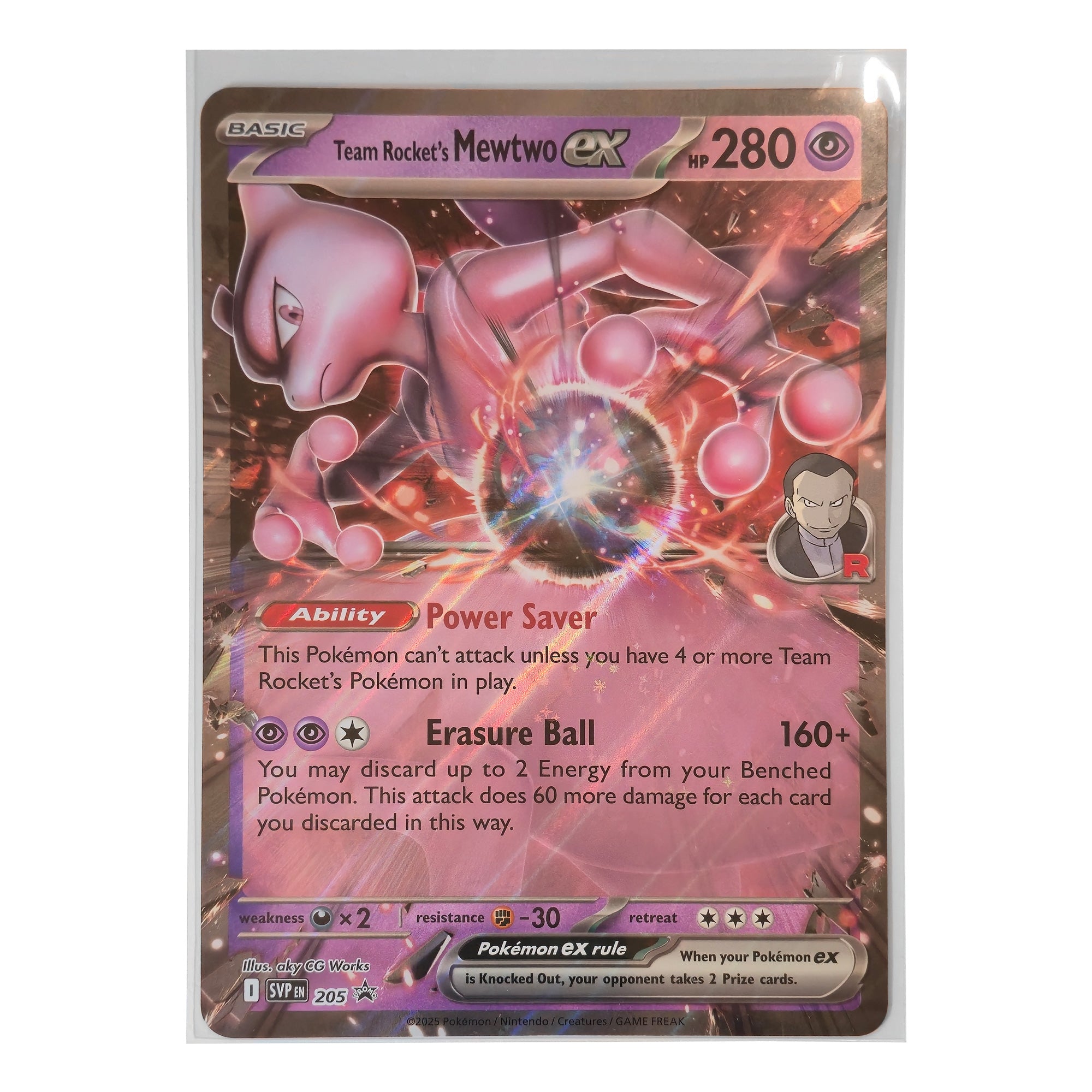 A Pokémon trading card for Team Rocket's Mewtwo EX, sealed in a clear protective plastic sleeve against a plain white background.